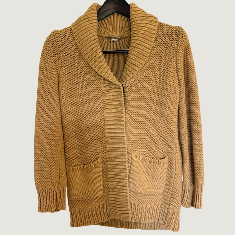 J.Crew Womens Camel Tan 100% Cotton Chunky Knit Shawl Collar Cardigan Sweater M